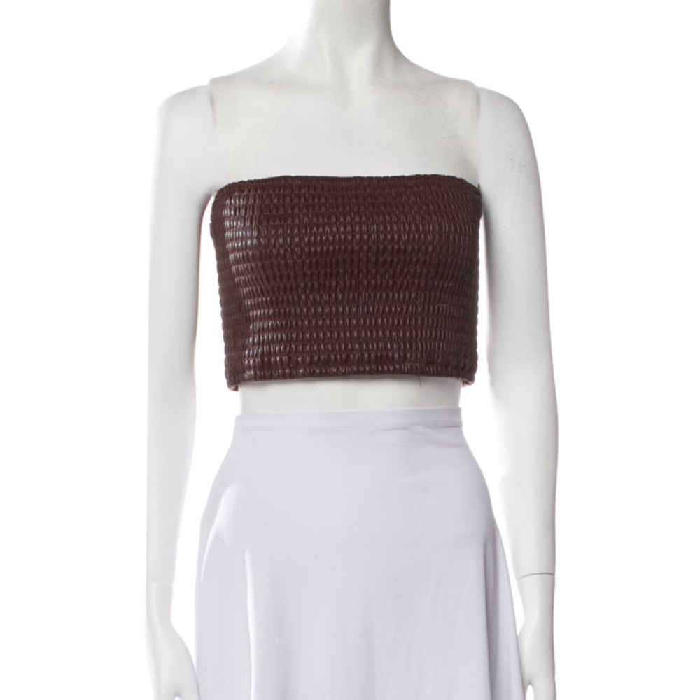STAUD brown leather strapless crop top